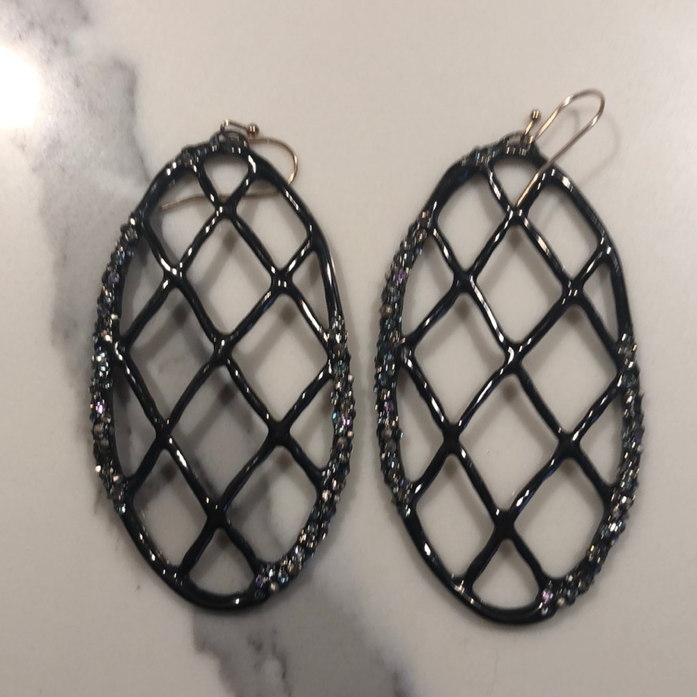 Black earrings with small multi colored crystals